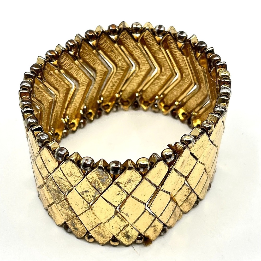 Vintage Gold‎ Tone Chevron Stretch Cuff Bracelet Retro Geometric Textured Chunky